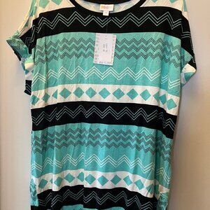 NWT LulaRoe Leah Short Sleeve Top Black/Teal/White Size XL